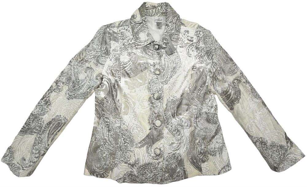 Chico’s Paisley Frost Jacket Size 2 Gray White Silk Rayon Button Front NWT
